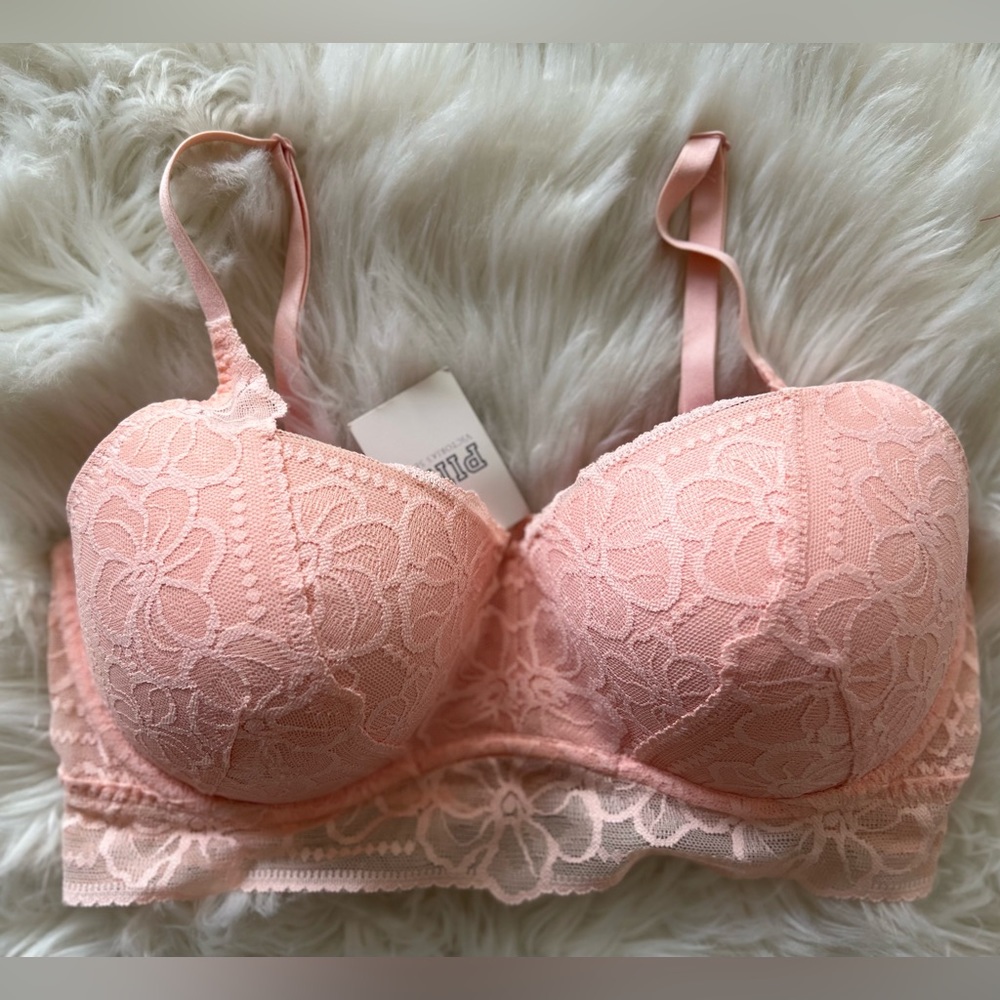 Victoria Secret PINK Sz Large DD Bralette - Peach Lace Push Up Bra. NWT
